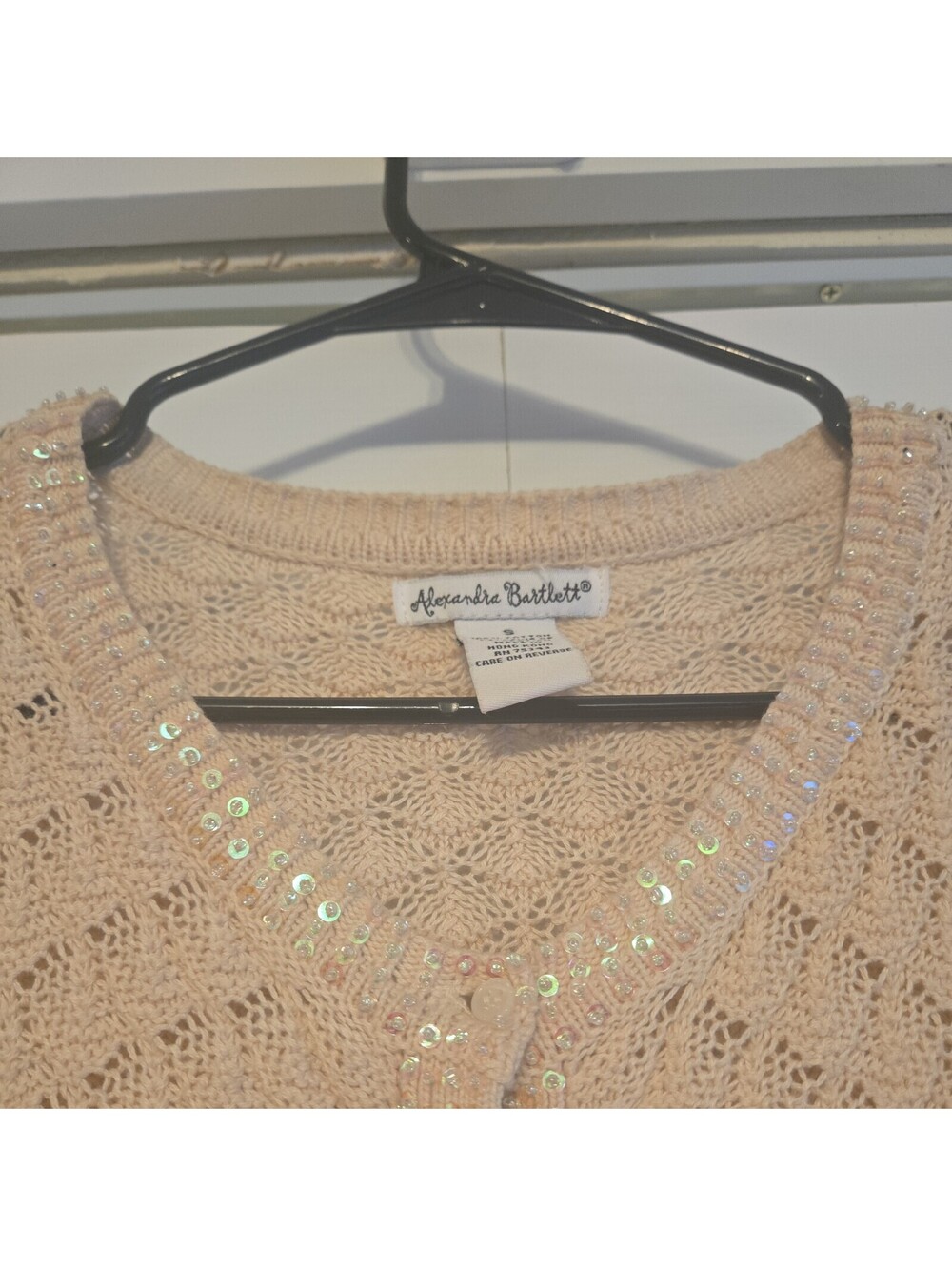 Vtg Alexandria Bartlett Crochet Open Knit Cardigan Sequins Sz S Cotton Ivory - Picture 3 of 7